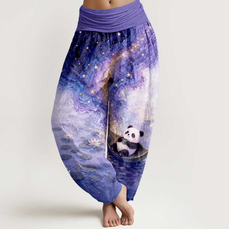 Nimara Ritual Pure Cotton Starry Lotus Panda Pattern Women's Elastic Waist Harem Pants
