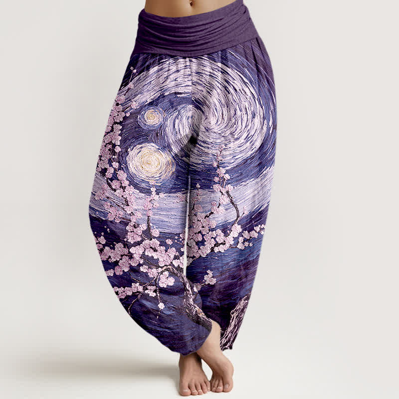 Nimara Ritual Pure Cotton Starry Blossom Swirl Pattern Women's Elastic Waist Harem Pants