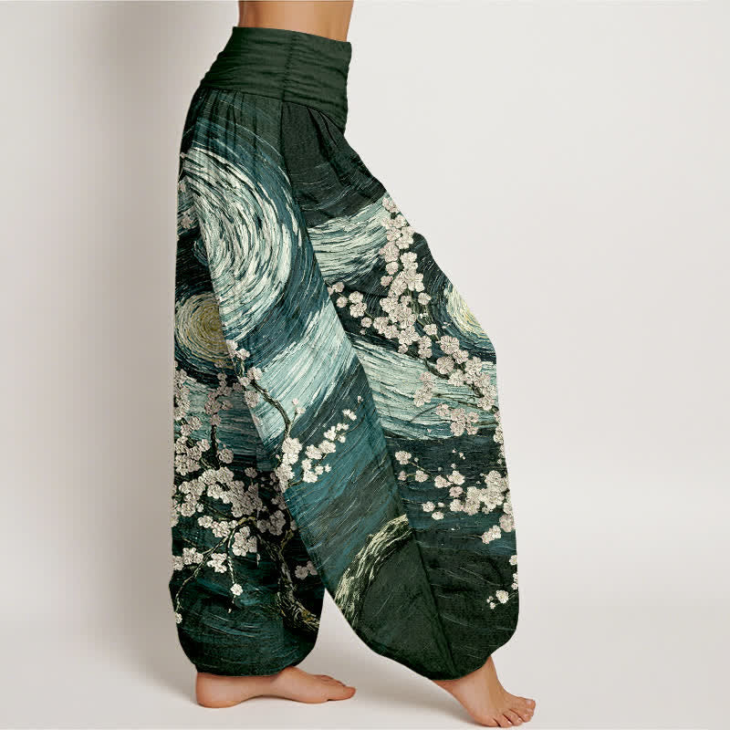 Nimara Ritual Pure Cotton Starry Blossom Swirl Pattern Women's Elastic Waist Harem Pants