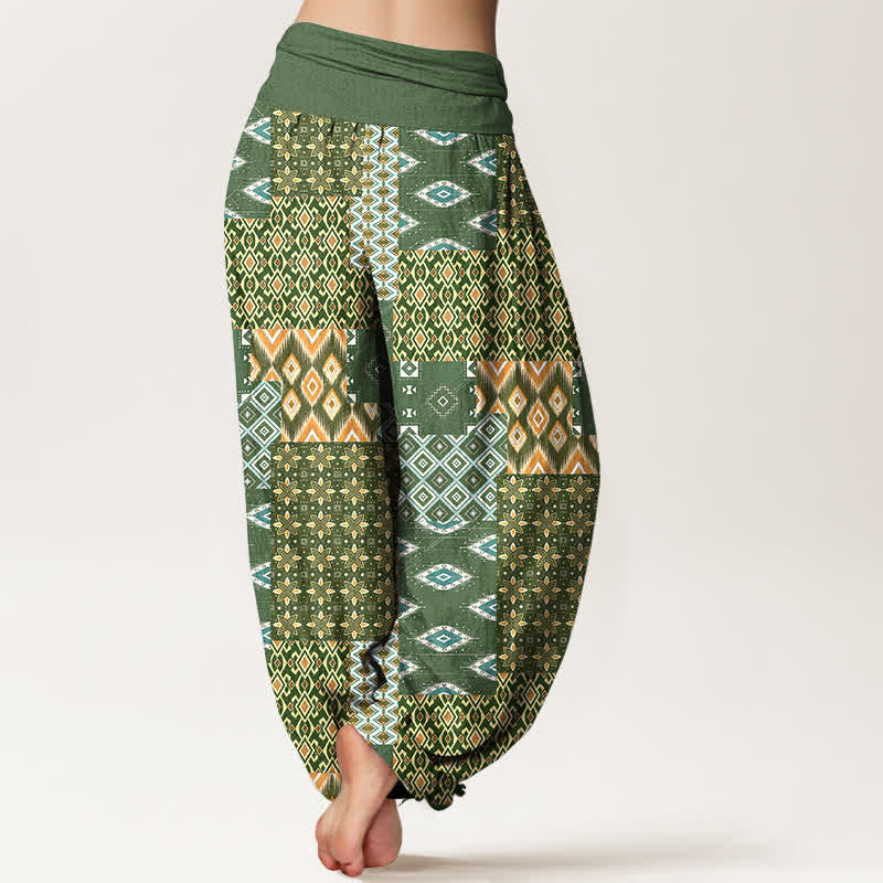 Nimara Ritual Pure Cotton Bohemian Geometric Patchwork Pattern Women's Elastic Waist Harem Pants