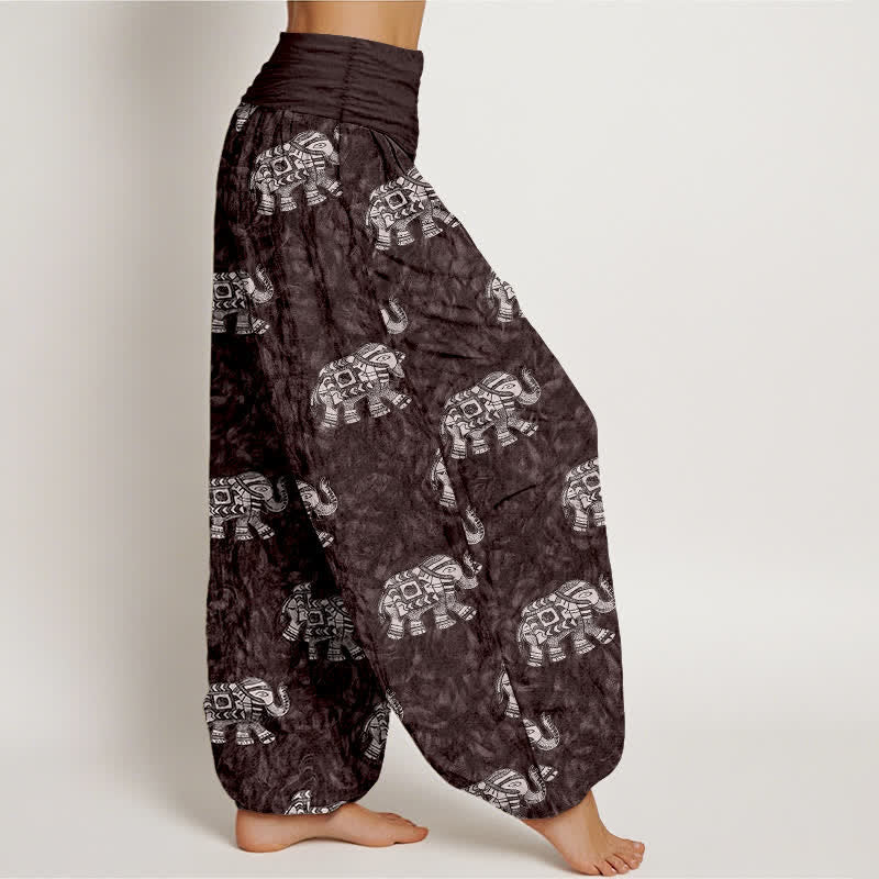 Nimara Ritual Pure Cotton White Elephant Pattern Women's Elastic Waist Harem Pants
