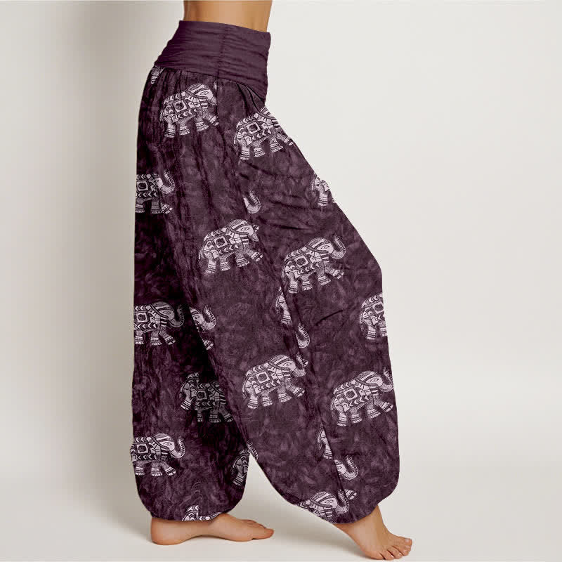 Nimara Ritual Pure Cotton White Elephant Pattern Women's Elastic Waist Harem Pants