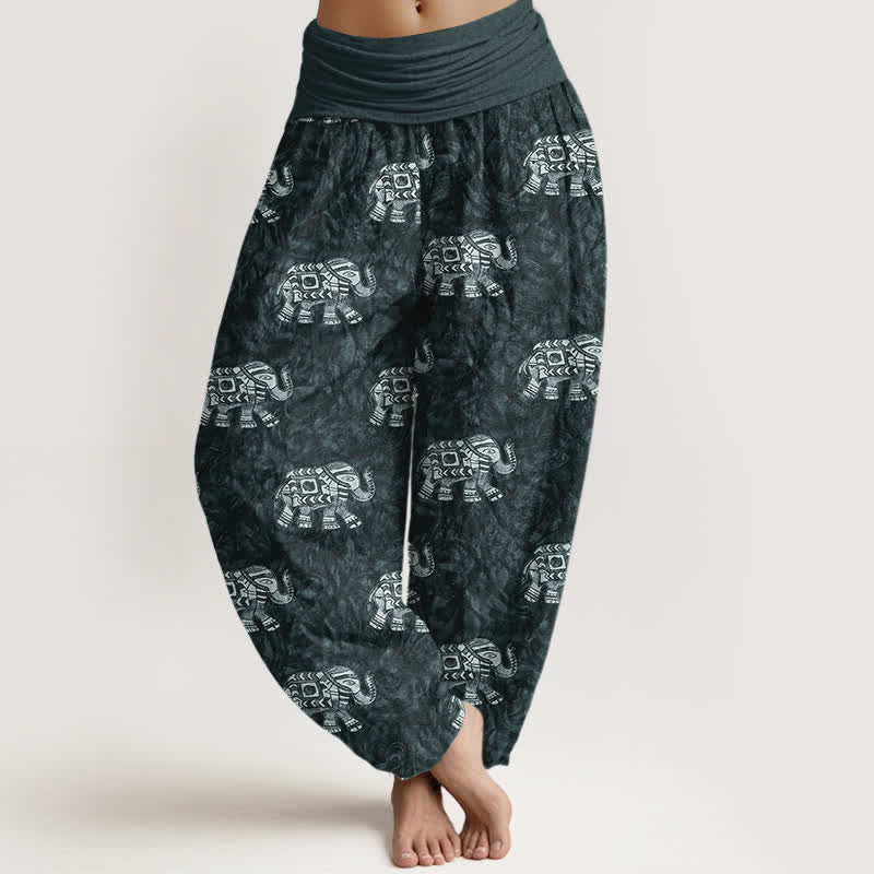 Nimara Ritual Pure Cotton White Elephant Pattern Women's Elastic Waist Harem Pants