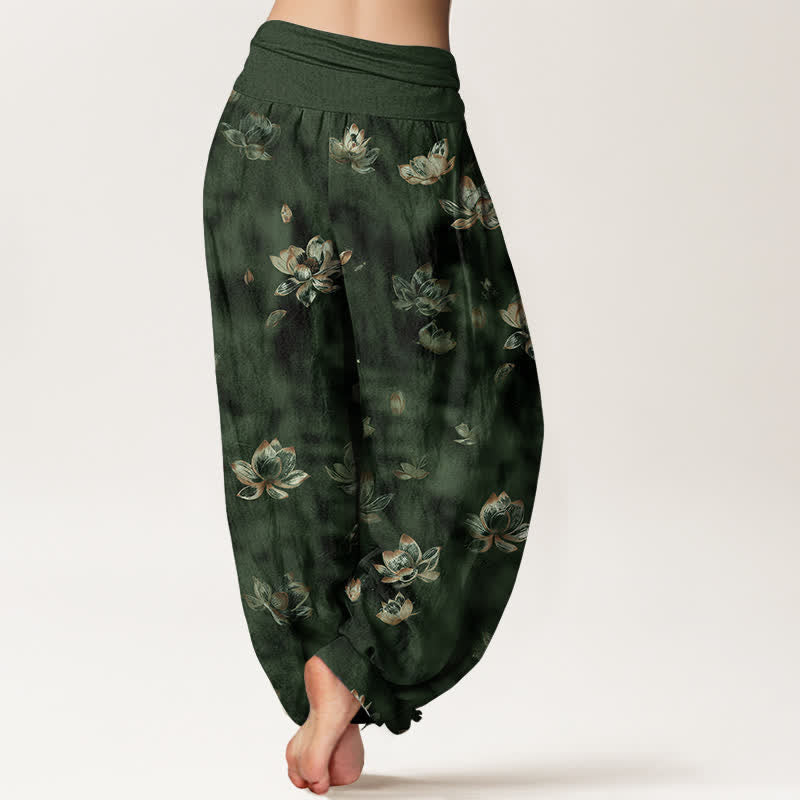 Nimara Ritual Pure Cotton Vintage Lotus Floral Pattern Women's Elastic Waist Harem Pants