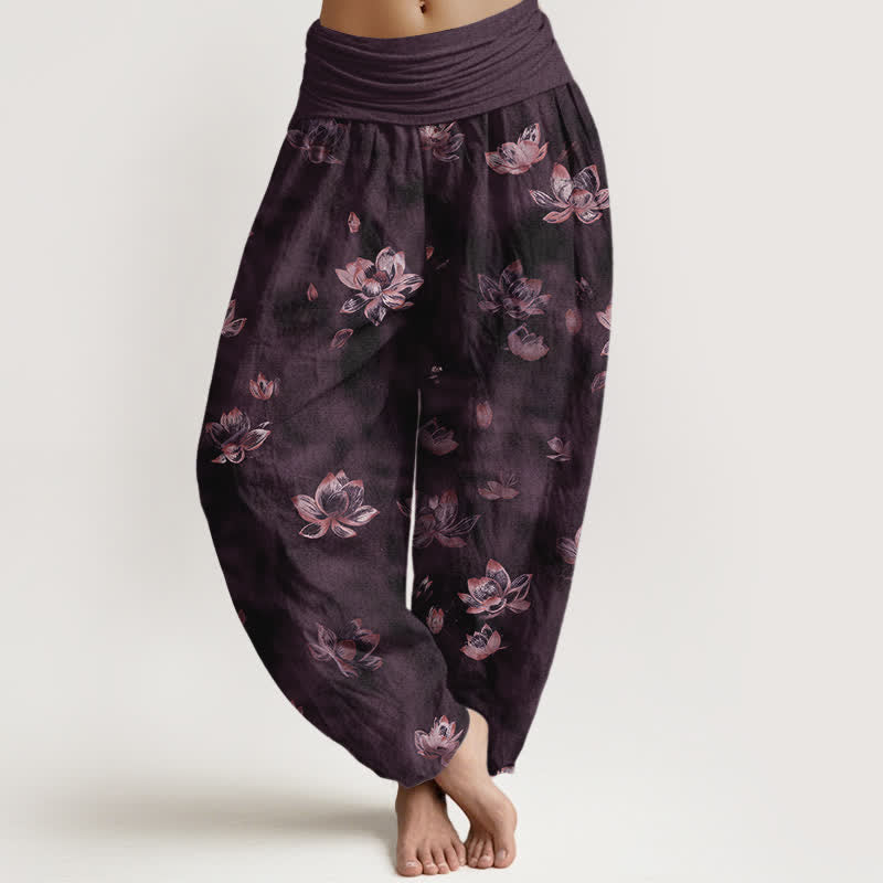 Nimara Ritual Pure Cotton Vintage Lotus Floral Pattern Women's Elastic Waist Harem Pants