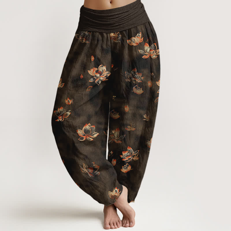 Nimara Ritual Pure Cotton Vintage Lotus Floral Pattern Women's Elastic Waist Harem Pants
