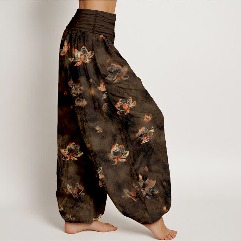 Nimara Ritual Pure Cotton Vintage Lotus Floral Pattern Women's Elastic Waist Harem Pants