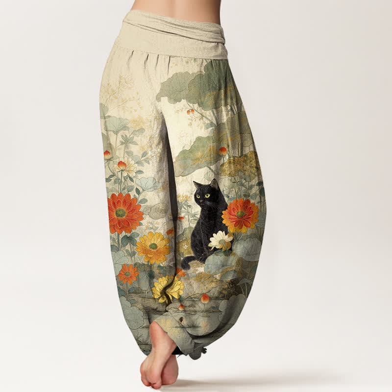 Nimara Ritual Pure Cotton Vintage Black Cat Floral Pattern Women's Elastic Waist Harem Pants