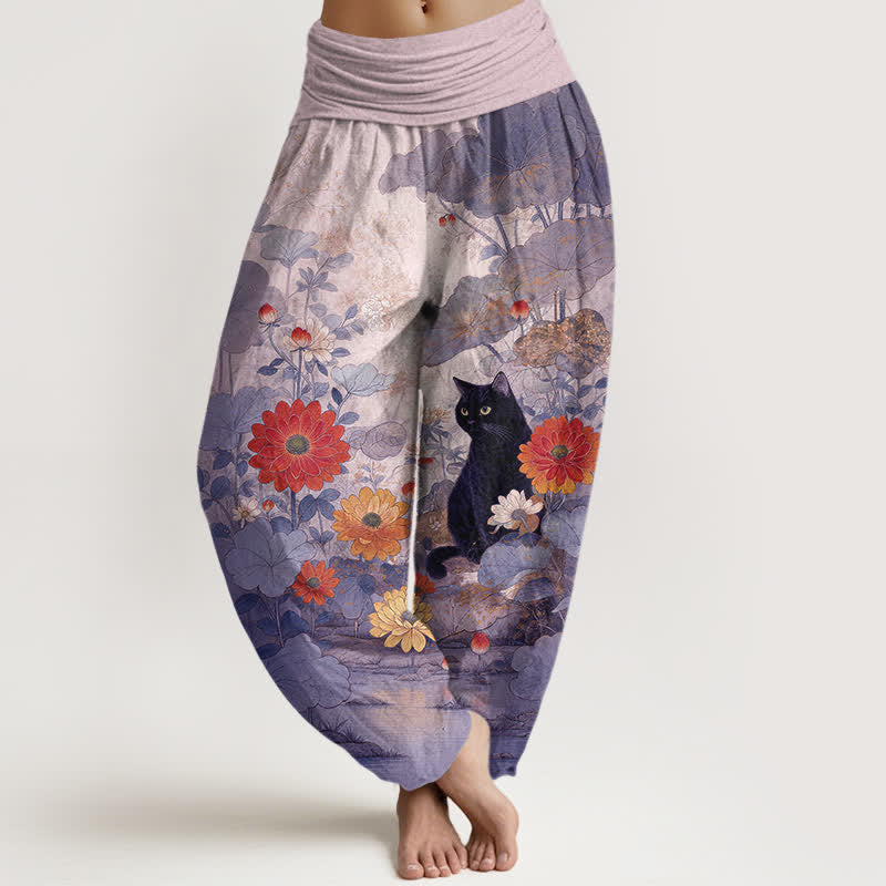 Nimara Ritual Pure Cotton Vintage Black Cat Floral Pattern Women's Elastic Waist Harem Pants