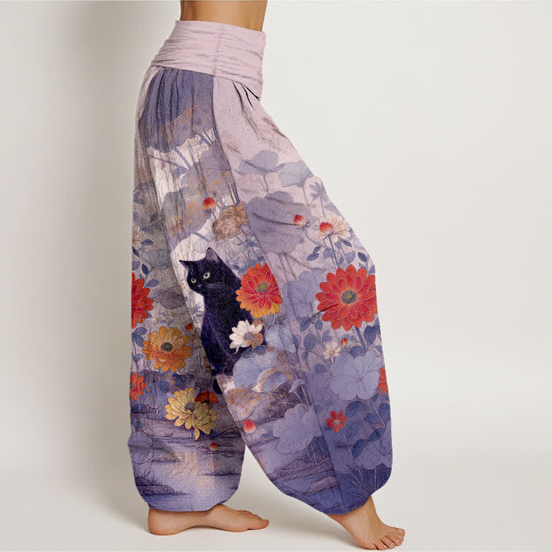 Nimara Ritual Pure Cotton Vintage Black Cat Floral Pattern Women's Elastic Waist Harem Pants