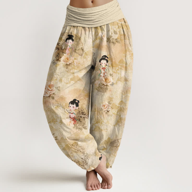 Nimara Ritual Pure Cotton Vintage Floral Figure Pattern Women's Elastic Waist Harem Pants