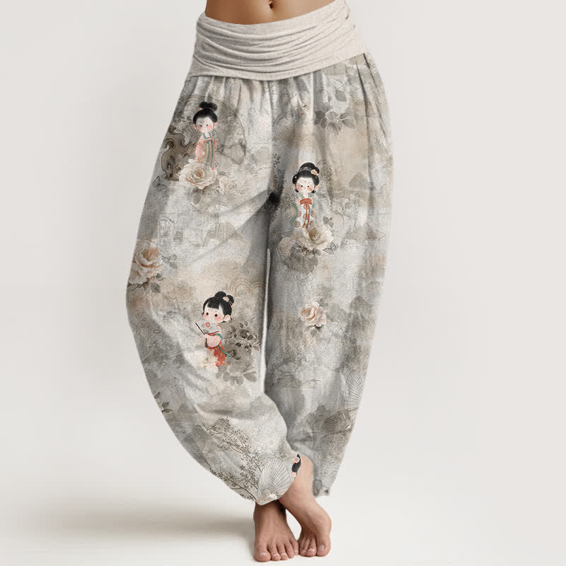 Nimara Ritual Pure Cotton Vintage Floral Figure Pattern Women's Elastic Waist Harem Pants