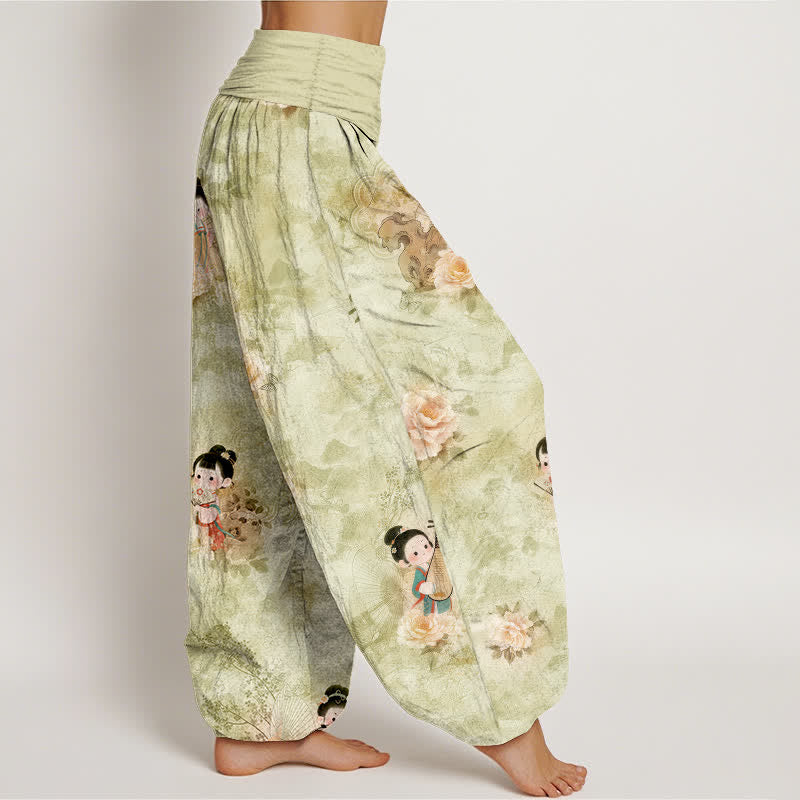 Nimara Ritual Pure Cotton Vintage Floral Figure Pattern Women's Elastic Waist Harem Pants