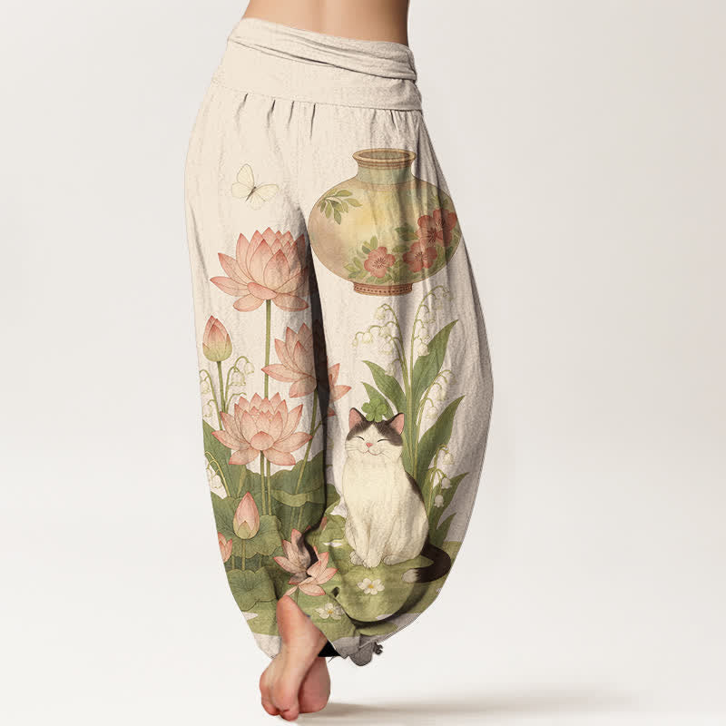 Nimara Ritual Pure Cotton Lotus Cat Pattern Women's Elastic Waist Harem Pants