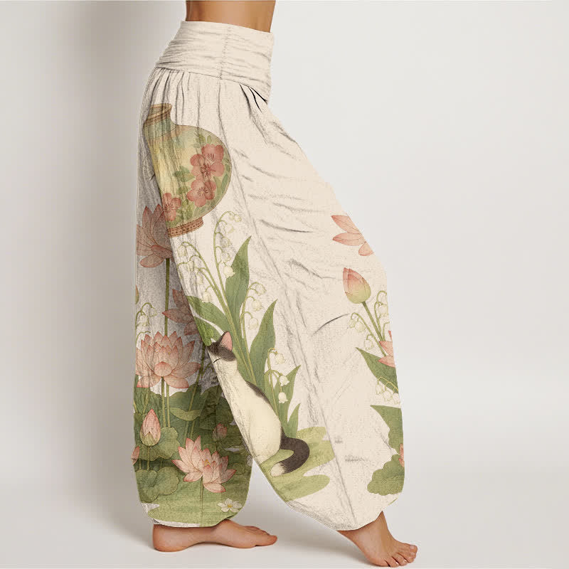 Nimara Ritual Pure Cotton Lotus Cat Pattern Women's Elastic Waist Harem Pants