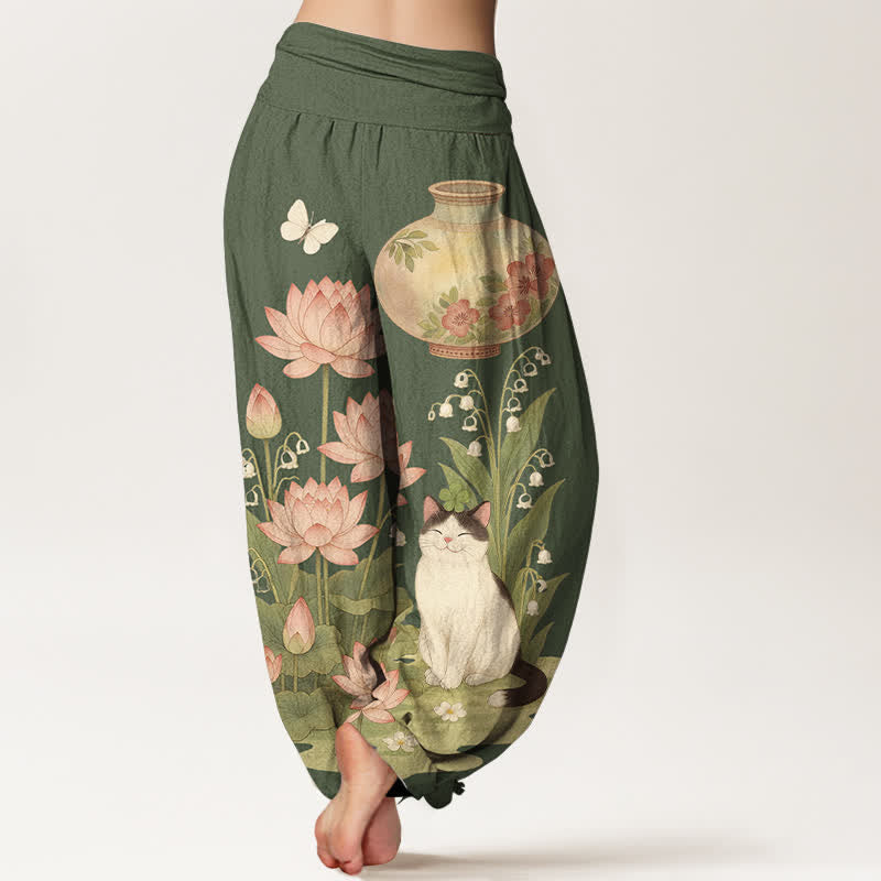 Nimara Ritual Pure Cotton Lotus Cat Pattern Women's Elastic Waist Harem Pants
