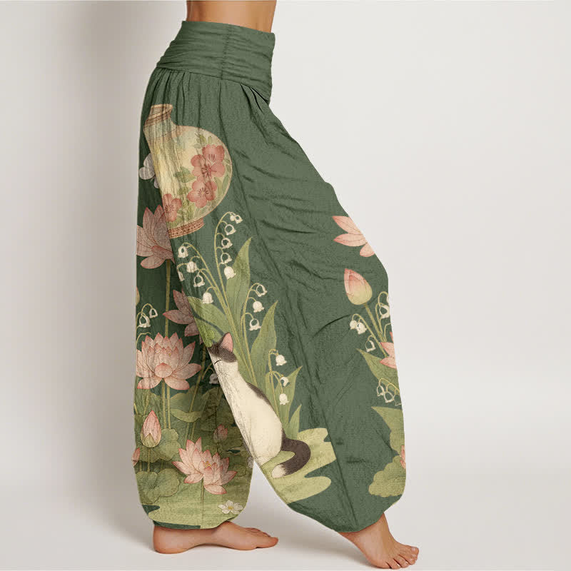 Nimara Ritual Pure Cotton Lotus Cat Pattern Women's Elastic Waist Harem Pants