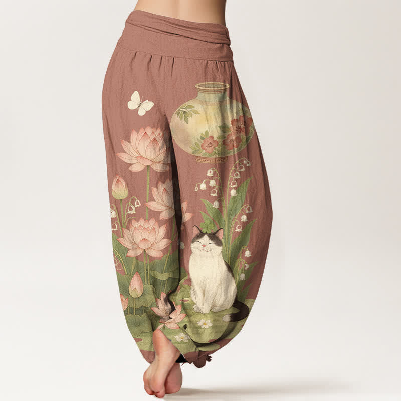 Nimara Ritual Pure Cotton Lotus Cat Pattern Women's Elastic Waist Harem Pants