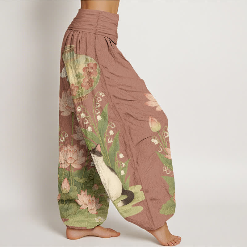 Nimara Ritual Pure Cotton Lotus Cat Pattern Women's Elastic Waist Harem Pants
