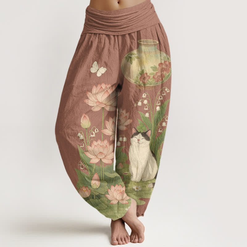 Nimara Ritual Pure Cotton Lotus Cat Pattern Women's Elastic Waist Harem Pants