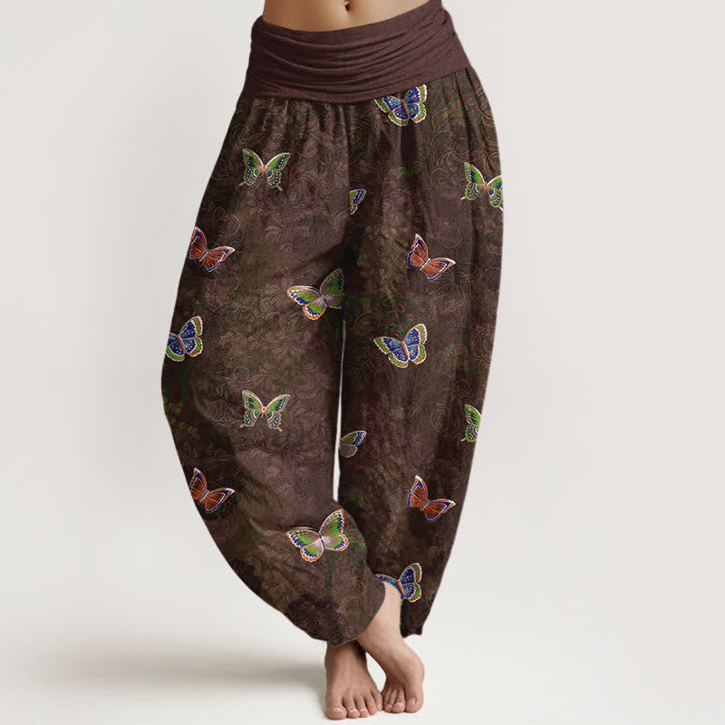 Nimara Ritual Pure Cotton Butterfly Vine Pattern Women's Elastic Waist Harem Pants