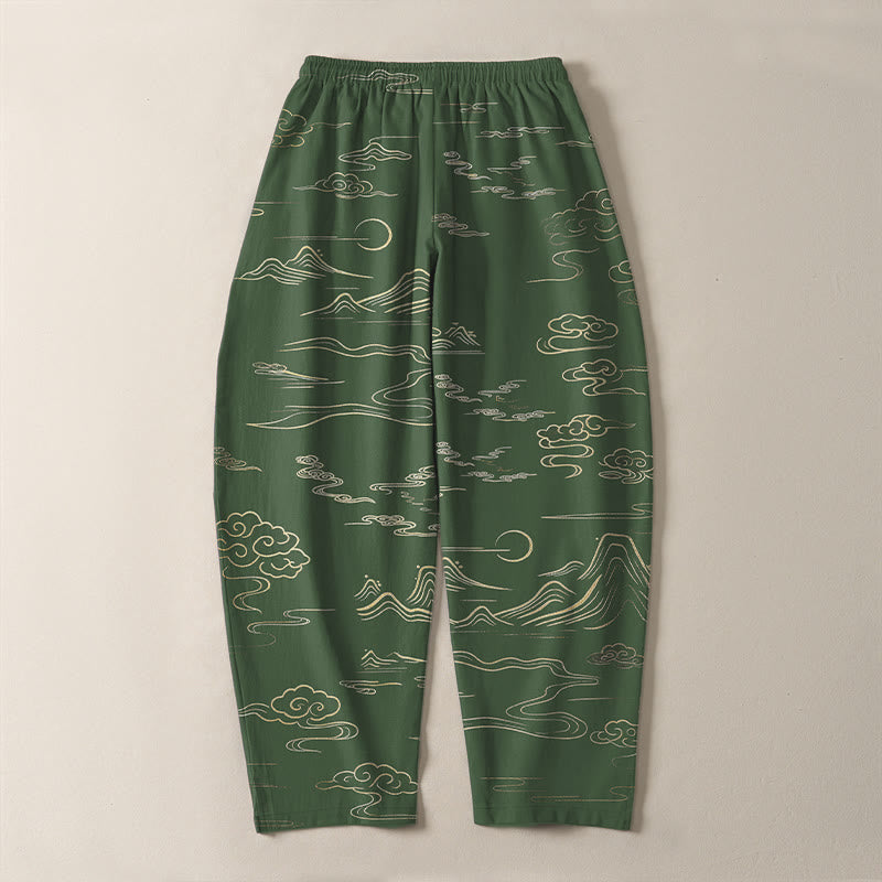 Nimara Ritual Pure Cotton Cloud Mountain Wave Pattern Drawstring Men's Tapered Pants With Pockets