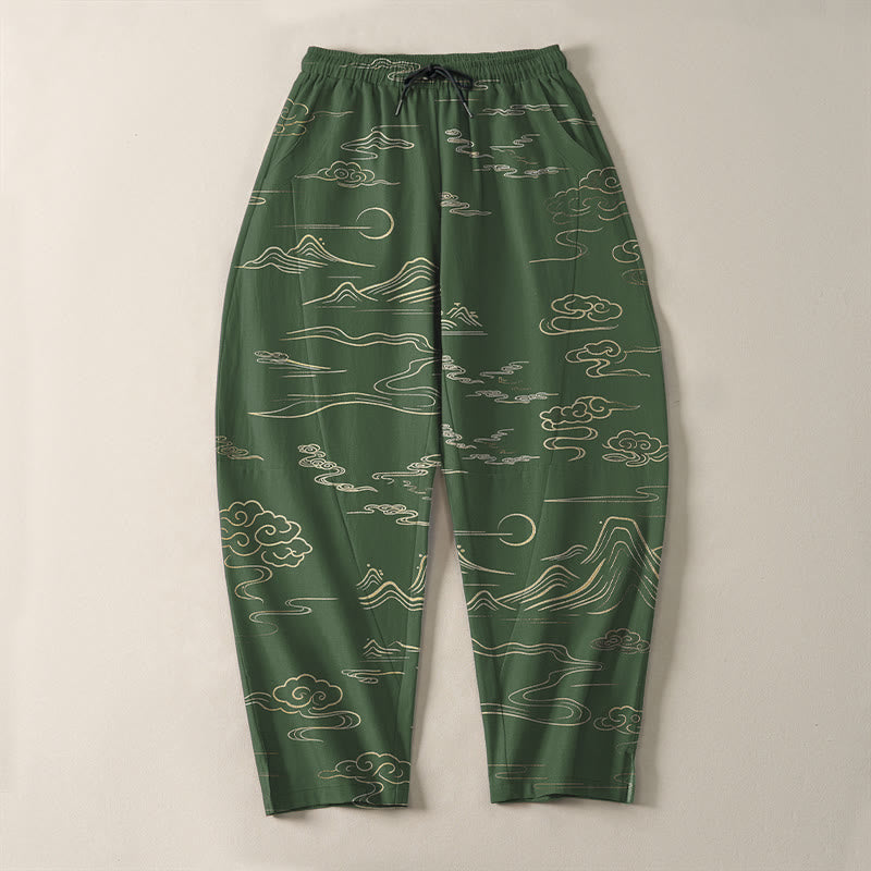 Nimara Ritual Pure Cotton Cloud Mountain Wave Pattern Drawstring Men's Tapered Pants With Pockets