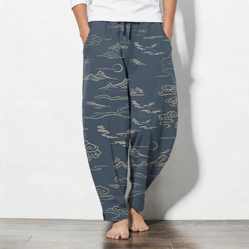 Nimara Ritual Pure Cotton Cloud Mountain Wave Pattern Drawstring Men's Tapered Pants With Pockets