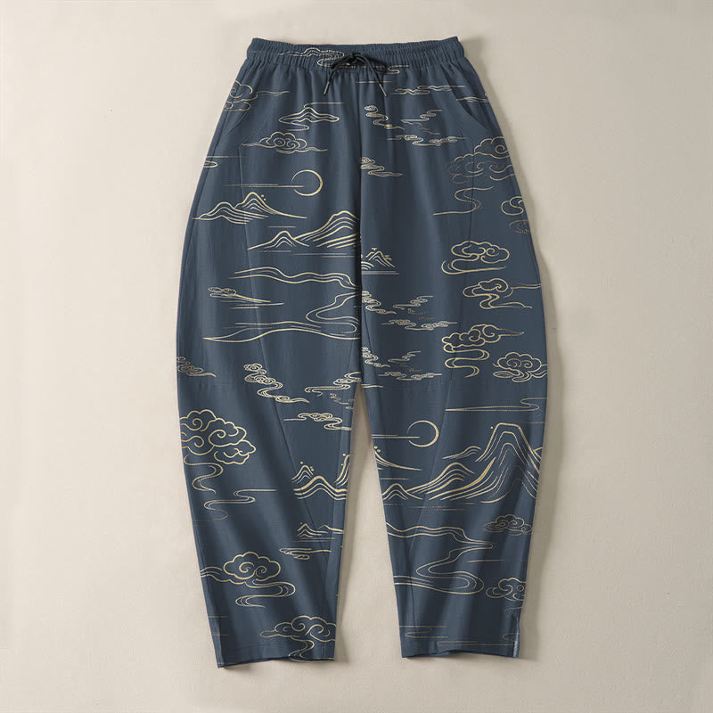 Nimara Ritual Pure Cotton Cloud Mountain Wave Pattern Drawstring Men's Tapered Pants With Pockets
