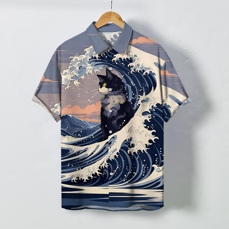 Nimara Ritual Great Wave Black Cat Pattern Buttons Breathable Men's Short Sleeve Shirt