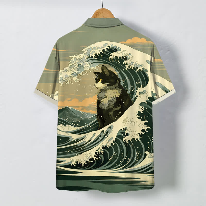 Nimara Ritual Great Wave Black Cat Pattern Buttons Breathable Men's Short Sleeve Shirt