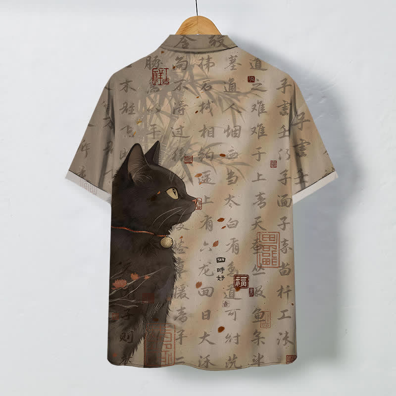 Nimara Ritual Black Cat Calligraphy Seal Pattern Buttons Breathable Men's Short Sleeve Shirt