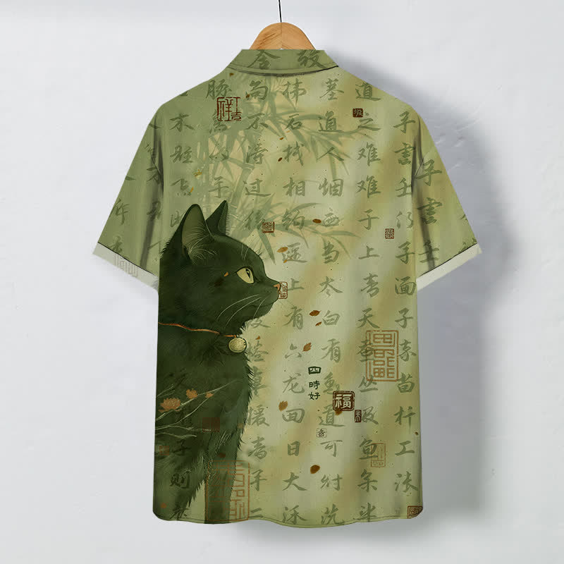 Nimara Ritual Black Cat Calligraphy Seal Pattern Buttons Breathable Men's Short Sleeve Shirt