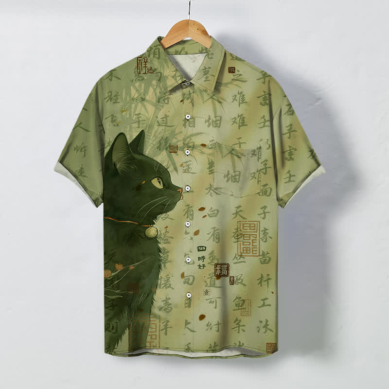 Nimara Ritual Black Cat Calligraphy Seal Pattern Buttons Breathable Men's Short Sleeve Shirt