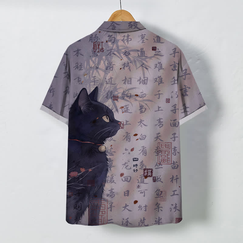 Nimara Ritual Black Cat Calligraphy Seal Pattern Buttons Breathable Men's Short Sleeve Shirt