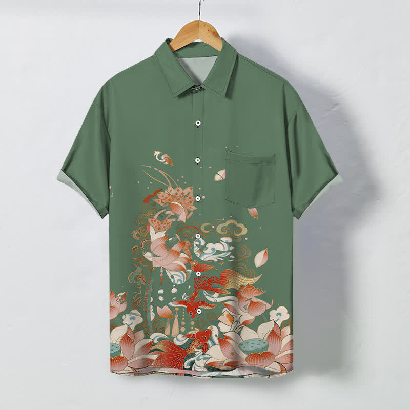 Nimara Ritual Lotus Koi Fish Cloud Wave Pattern Buttons Breathable Men's Short Sleeve Shirt