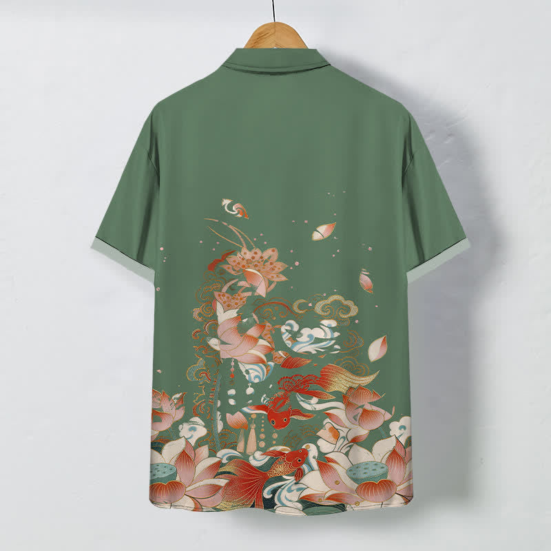 Nimara Ritual Lotus Koi Fish Cloud Wave Pattern Buttons Breathable Men's Short Sleeve Shirt