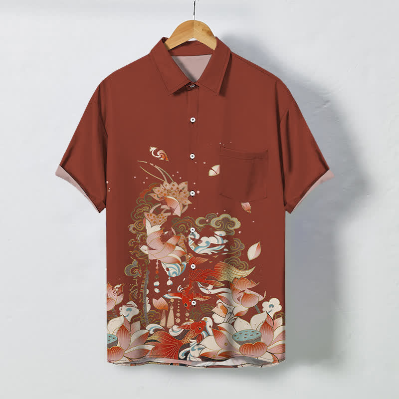 Nimara Ritual Lotus Koi Fish Cloud Wave Pattern Buttons Breathable Men's Short Sleeve Shirt