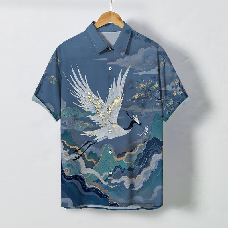 Nimara Ritual Flying Crane Cloud Wave White Flower Pattern Buttons Breathable Men's Short Sleeve Shirt
