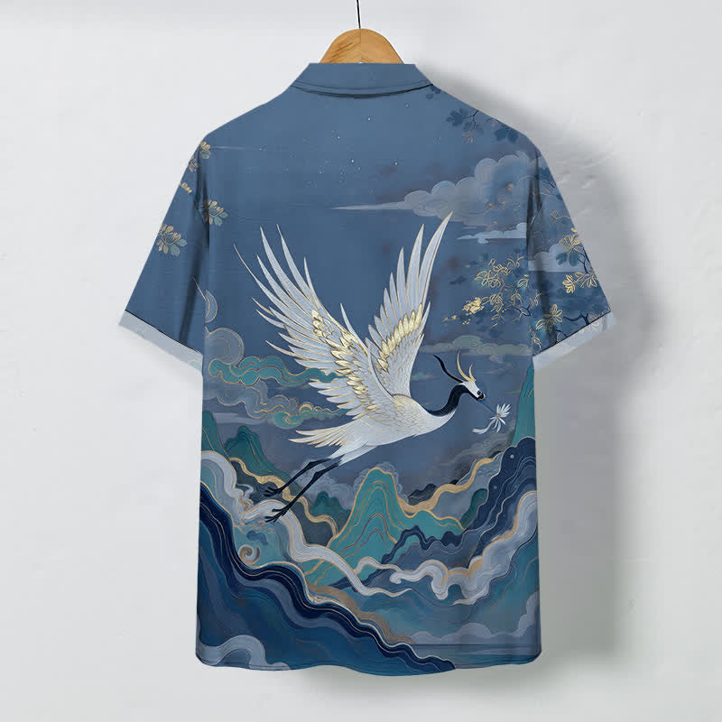 Nimara Ritual Flying Crane Cloud Wave White Flower Pattern Buttons Breathable Men's Short Sleeve Shirt