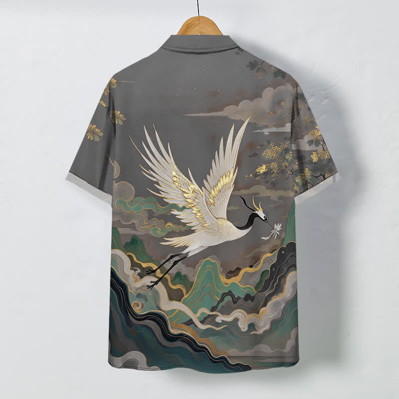 Nimara Ritual Flying Crane Cloud Wave White Flower Pattern Buttons Breathable Men's Short Sleeve Shirt