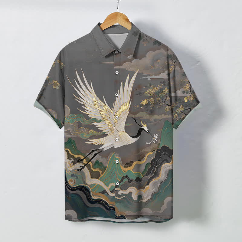 Nimara Ritual Flying Crane Cloud Wave White Flower Pattern Buttons Breathable Men's Short Sleeve Shirt
