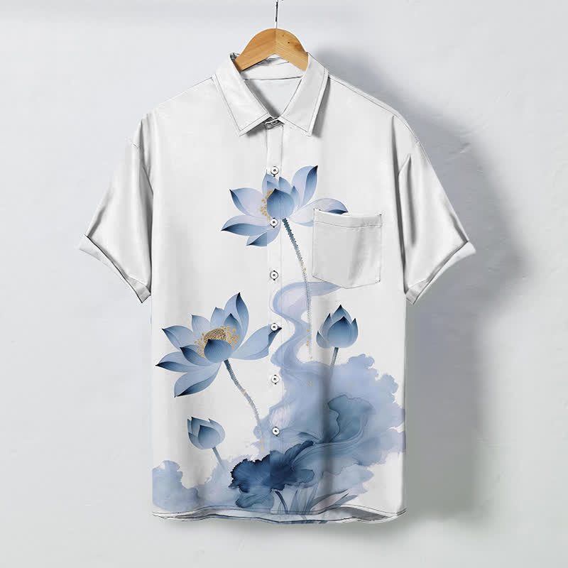 Nimara Ritual Blue Lotus Ink Pattern Buttons Wrinkle-resistant Men's Short Sleeve Shirt