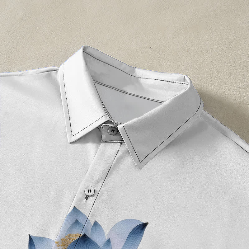Nimara Ritual Blue Lotus Ink Pattern Buttons Wrinkle-resistant Men's Short Sleeve Shirt