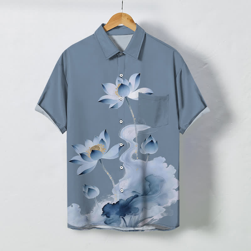 Nimara Ritual Blue Lotus Ink Pattern Buttons Wrinkle-resistant Men's Short Sleeve Shirt