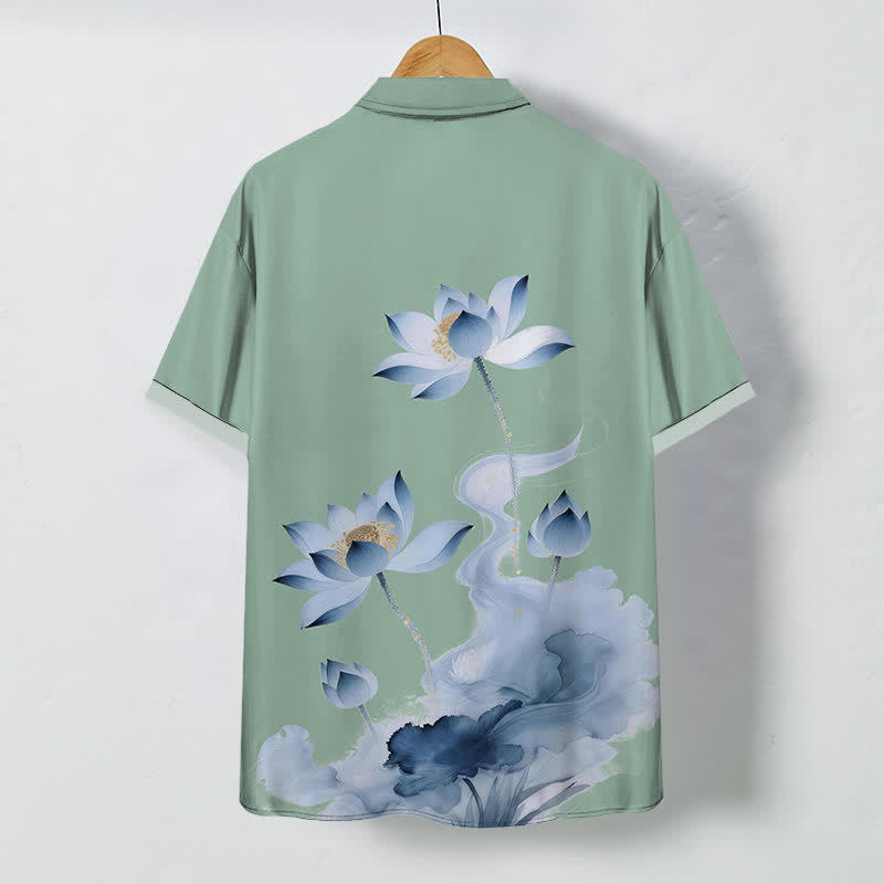 Nimara Ritual Blue Lotus Ink Pattern Buttons Wrinkle-resistant Men's Short Sleeve Shirt