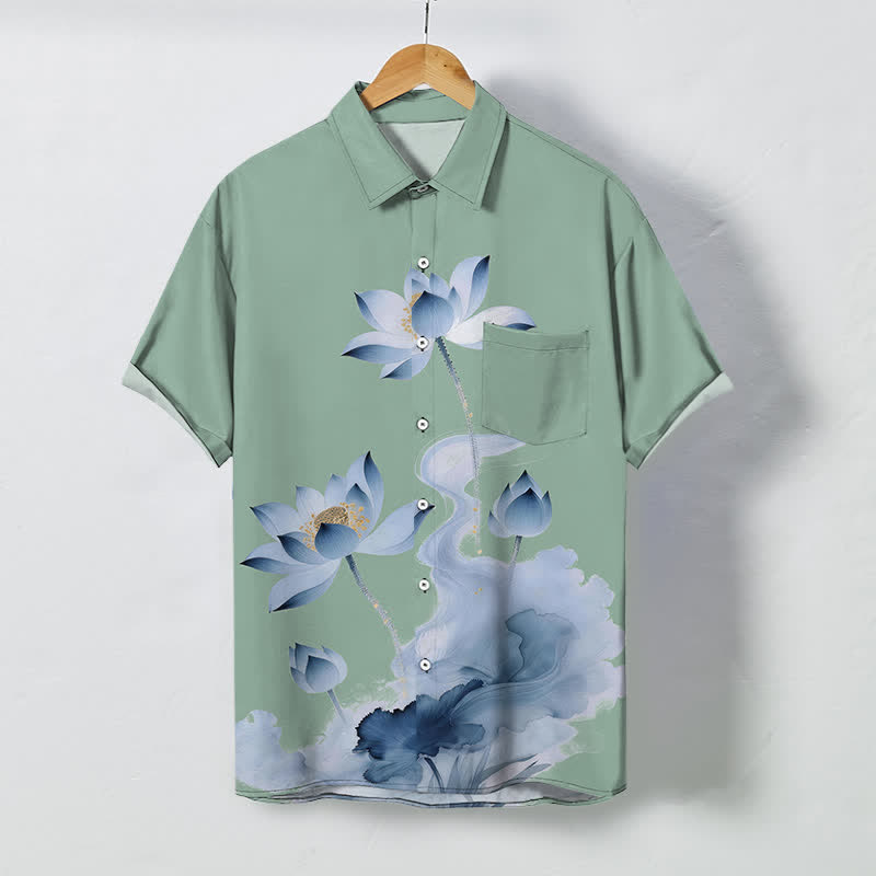 Nimara Ritual Blue Lotus Ink Pattern Buttons Wrinkle-resistant Men's Short Sleeve Shirt