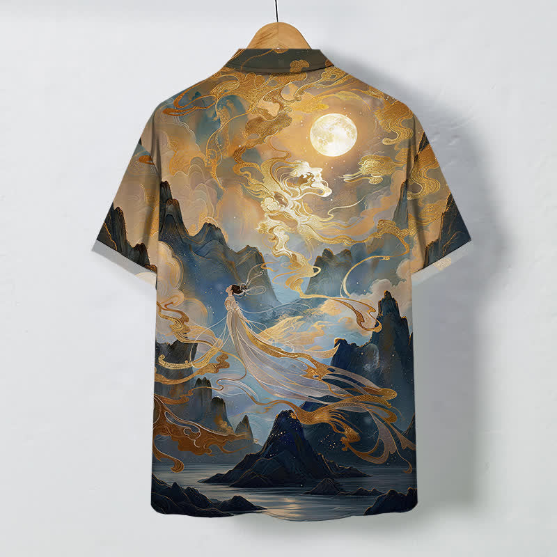Nimara Ritual Misty Mountain Moon Cloud Pattern Buttons Wrinkle-resistant Men's Short Sleeve Shirt