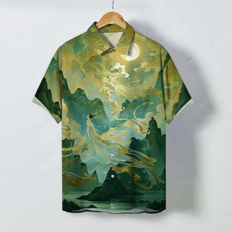 Nimara Ritual Misty Mountain Moon Cloud Pattern Buttons Wrinkle-resistant Men's Short Sleeve Shirt