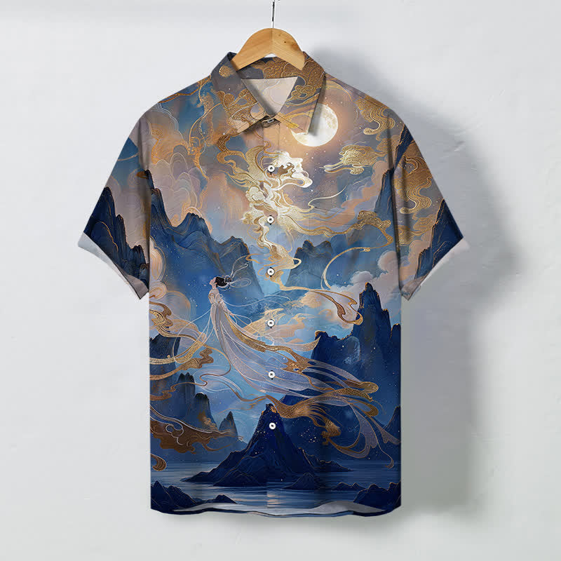 Nimara Ritual Misty Mountain Moon Cloud Pattern Buttons Wrinkle-resistant Men's Short Sleeve Shirt